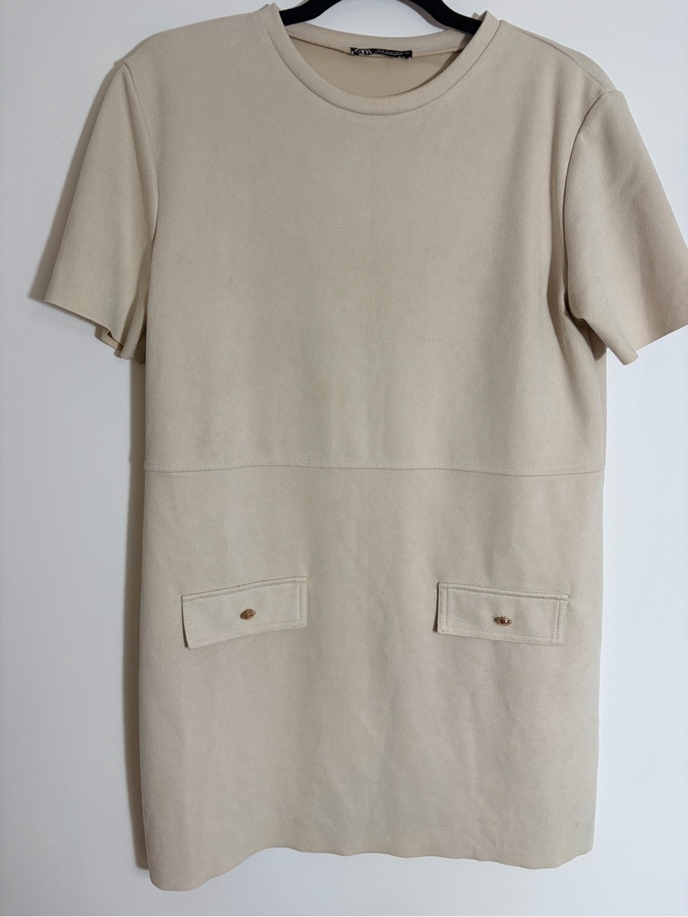 Zara Beige Short-Sleeve Mini Shift Dress